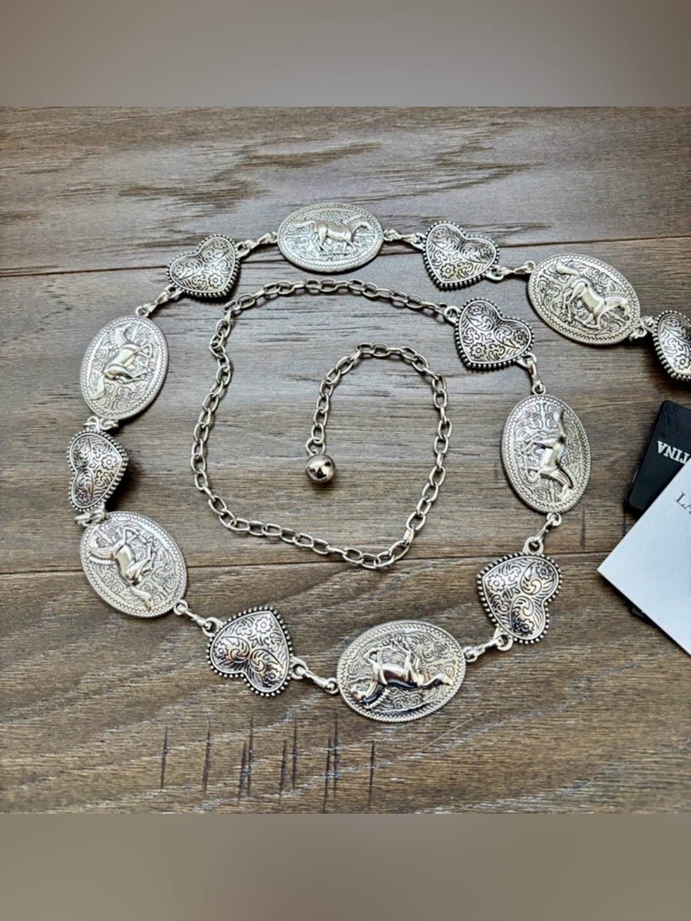 LA Valentina Western Chain Belt,oval silvertone horse & hearts conchos,versatile